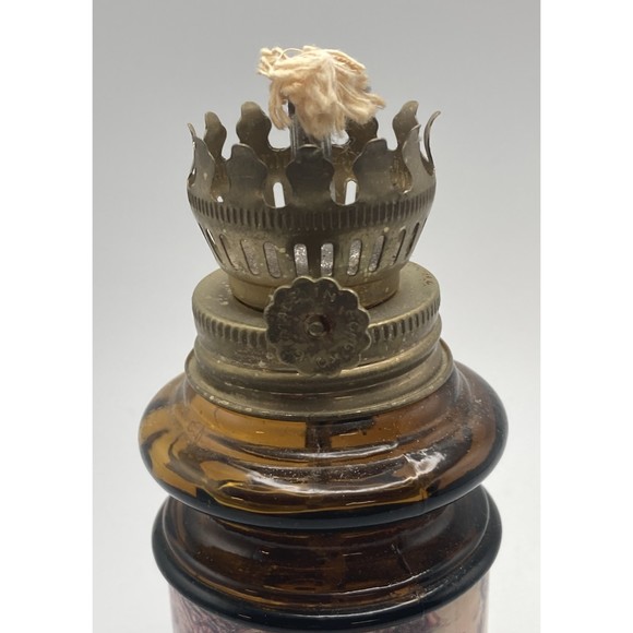 Mini Oil / Kerosene Amber Glass Lamp with Globe Graphics 5.25" Tall 2.75" @ Base - Picture 7 of 10